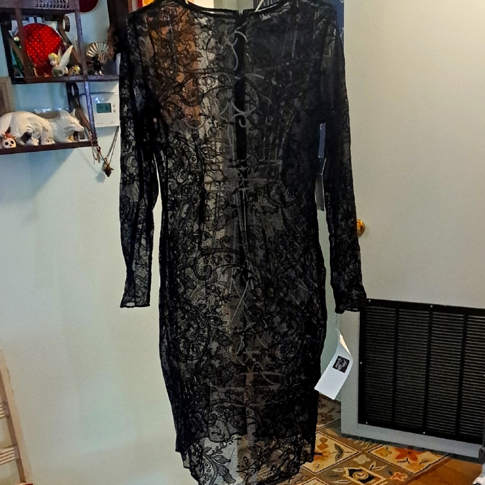 Rickie Freeman Teri Jon Velvet Lace Black Sheath Dress, Sz 14